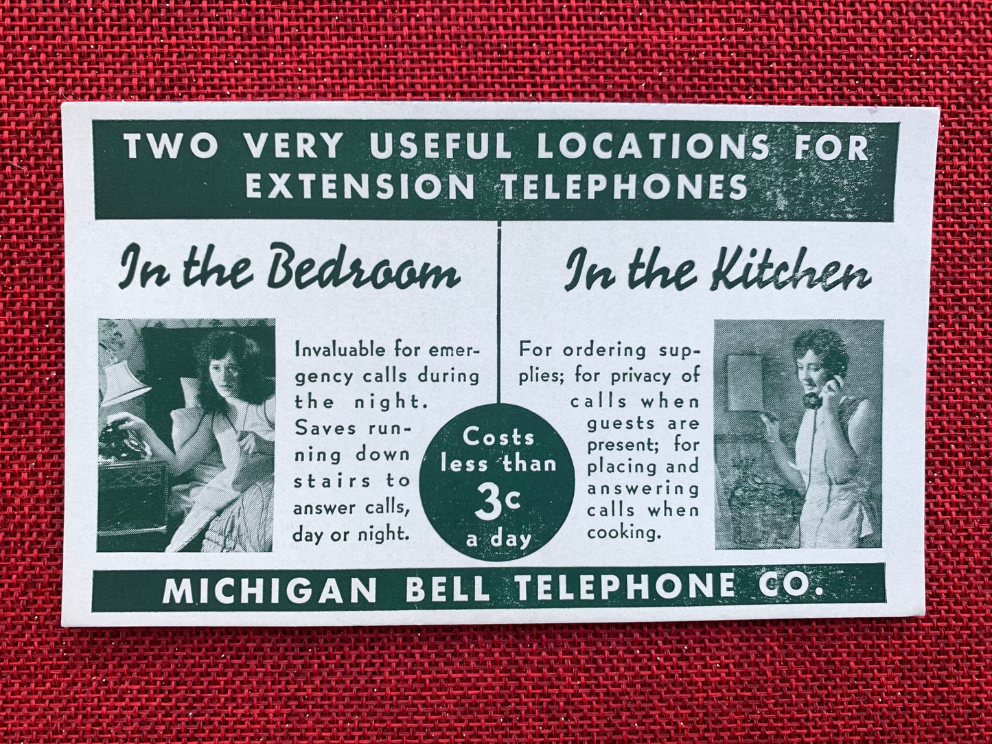 Two Very Useful Locations For Extension Telephones Michigan Bell Telephone Co. Vintage Trade Card