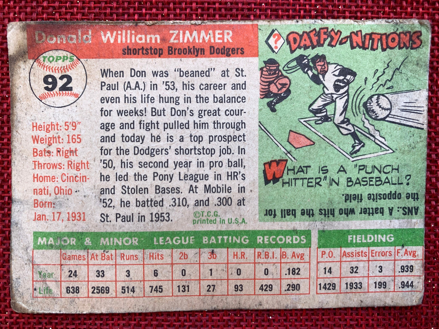 Don Zimmer Vintage 1955 Topps Baseball Card No. 92, Shortstop, Brooklyn Dodgers