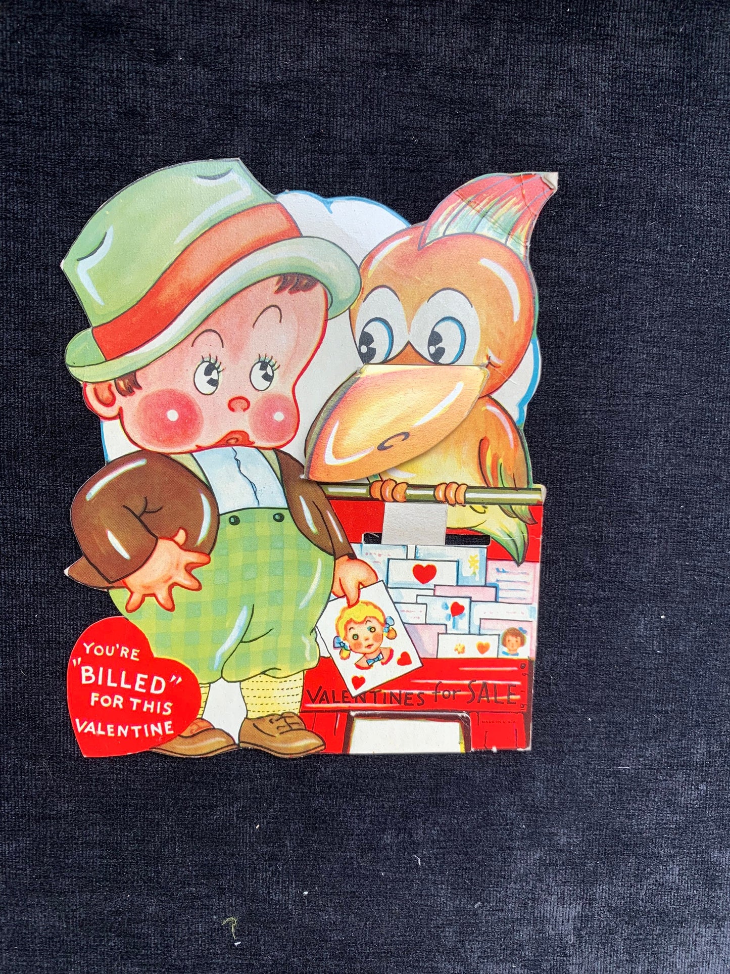 Boy and Bird Mechanical Vintage Valentine Card 1920’s-1930’s