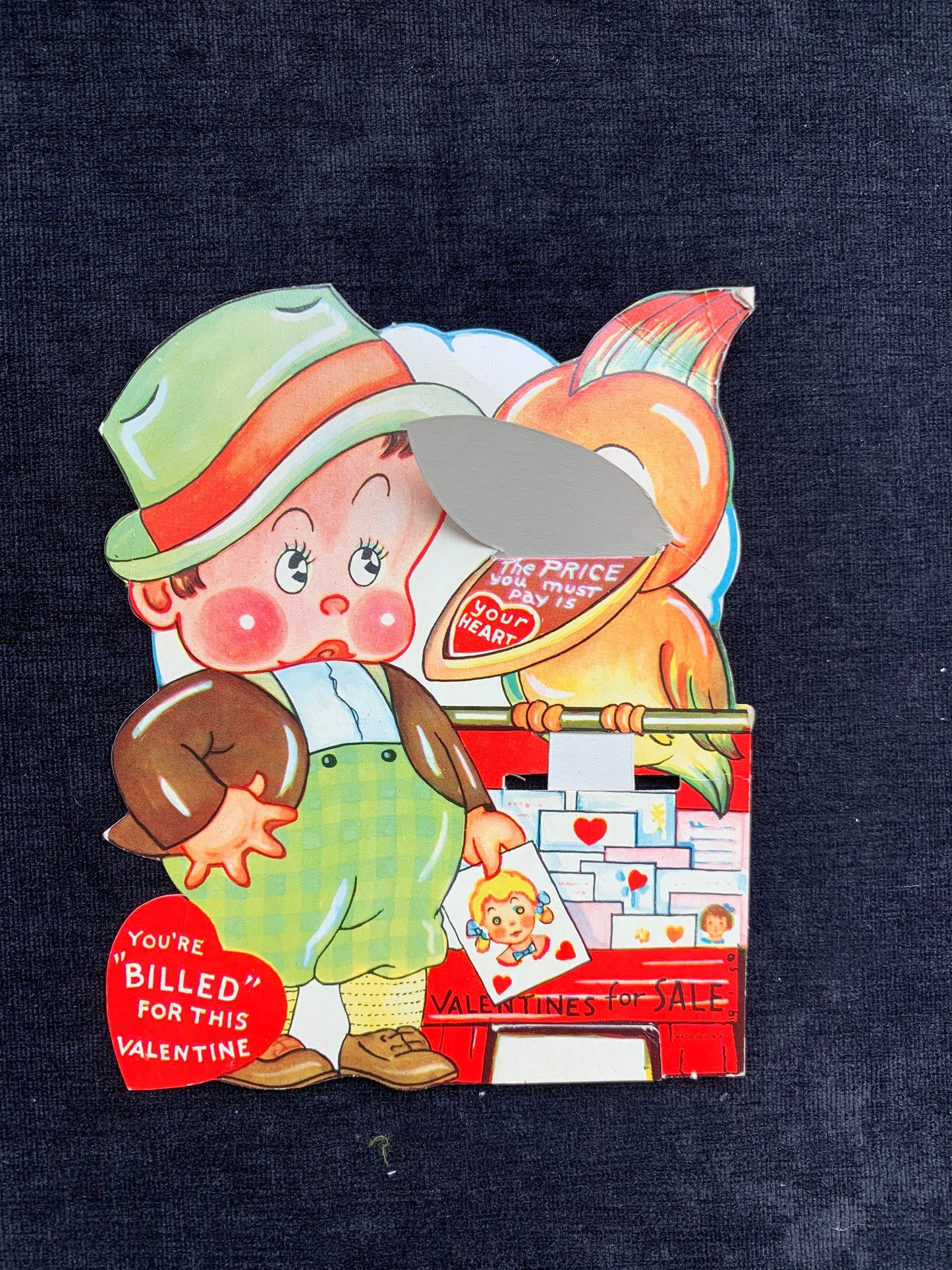 Boy and Bird Mechanical Vintage Valentine Card 1920’s-1930’s