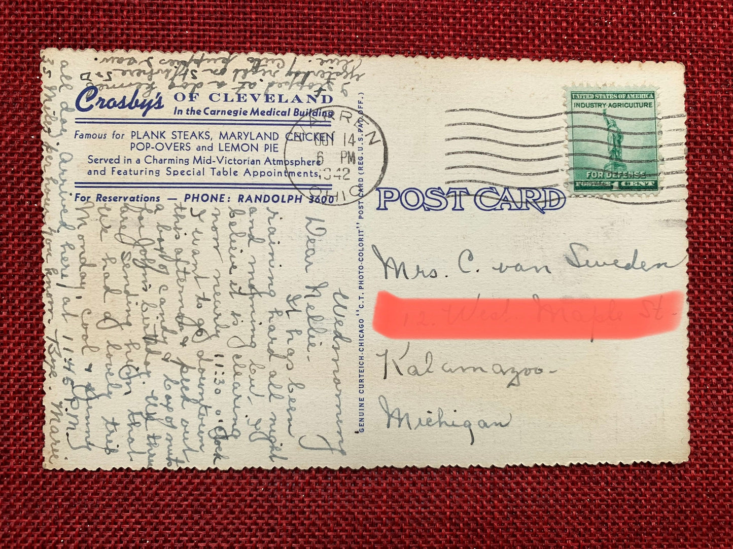 The Lounge, Crosby's of Cleveland Vintage Linen Postcard With Scalloped Edges 1940s