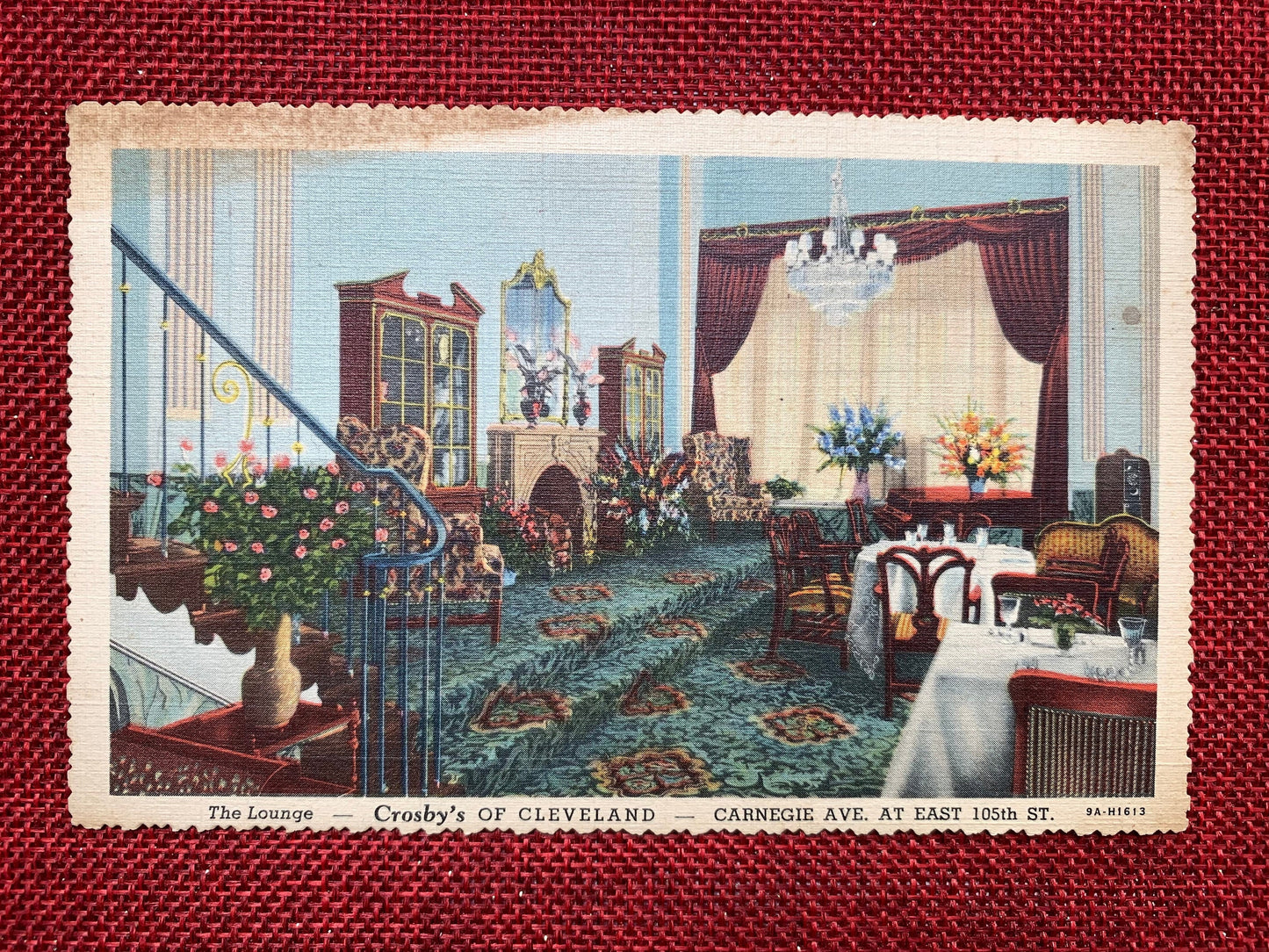 The Lounge, Crosby's of Cleveland Vintage Linen Postcard With Scalloped Edges 1940s