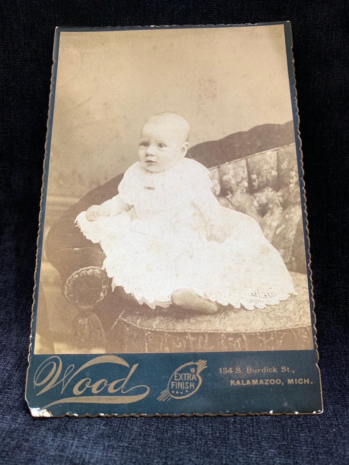 Victorian Era Portrait of a Baby Posed on a Couch, Kalamazoo Michigan Woods Studio 1896-1897