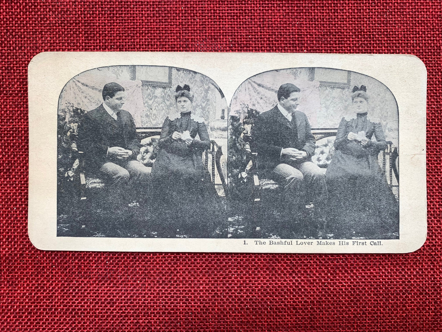 The Bashful Lover Makes His First Call Stereo View Card, Late 1800s/Early 1900s, Couple Sitting on a Couch, Woman Looking at Man Skeptically