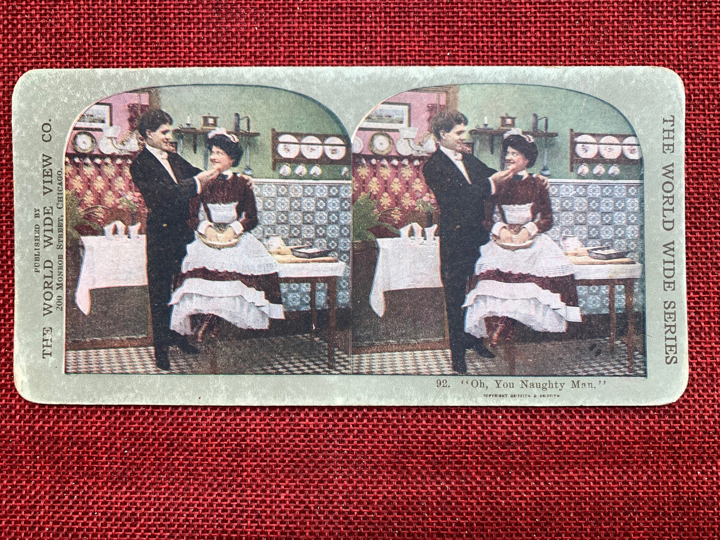 Oh, You Naughty Man Stereo View Card, Early 1900s, Man With His Arm Around a Woman's Shoulder in a Kitchen