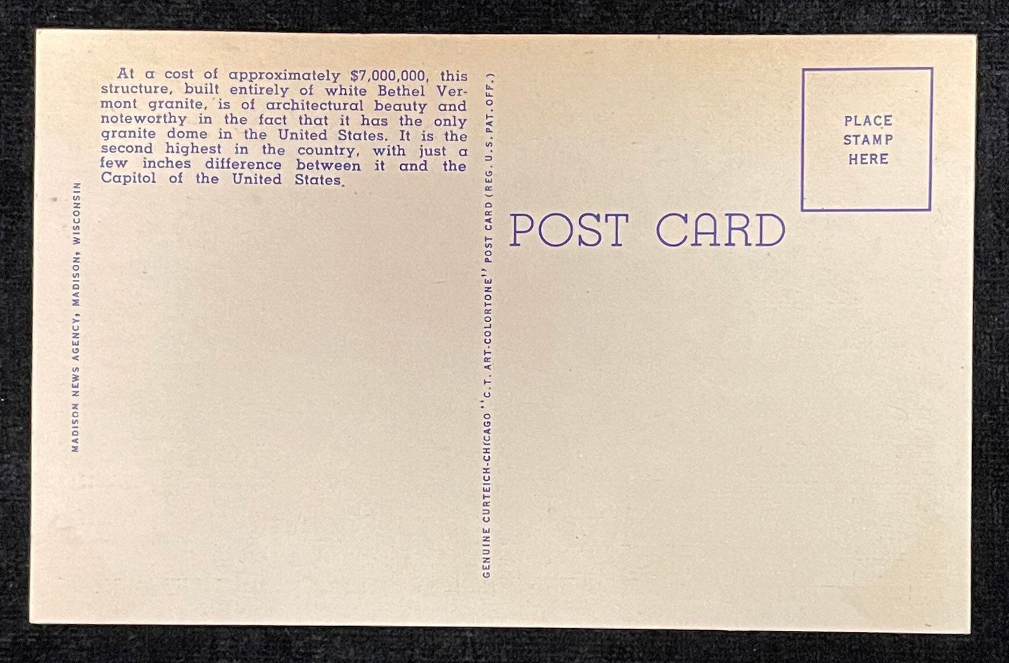 Wisconsin State Capitol - Madison, Wis - 1940s Linen Postcard