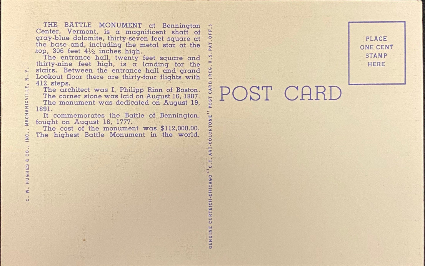 Battle Monument and Col. Seth Warner Monument - 1936 Linen Postcard
