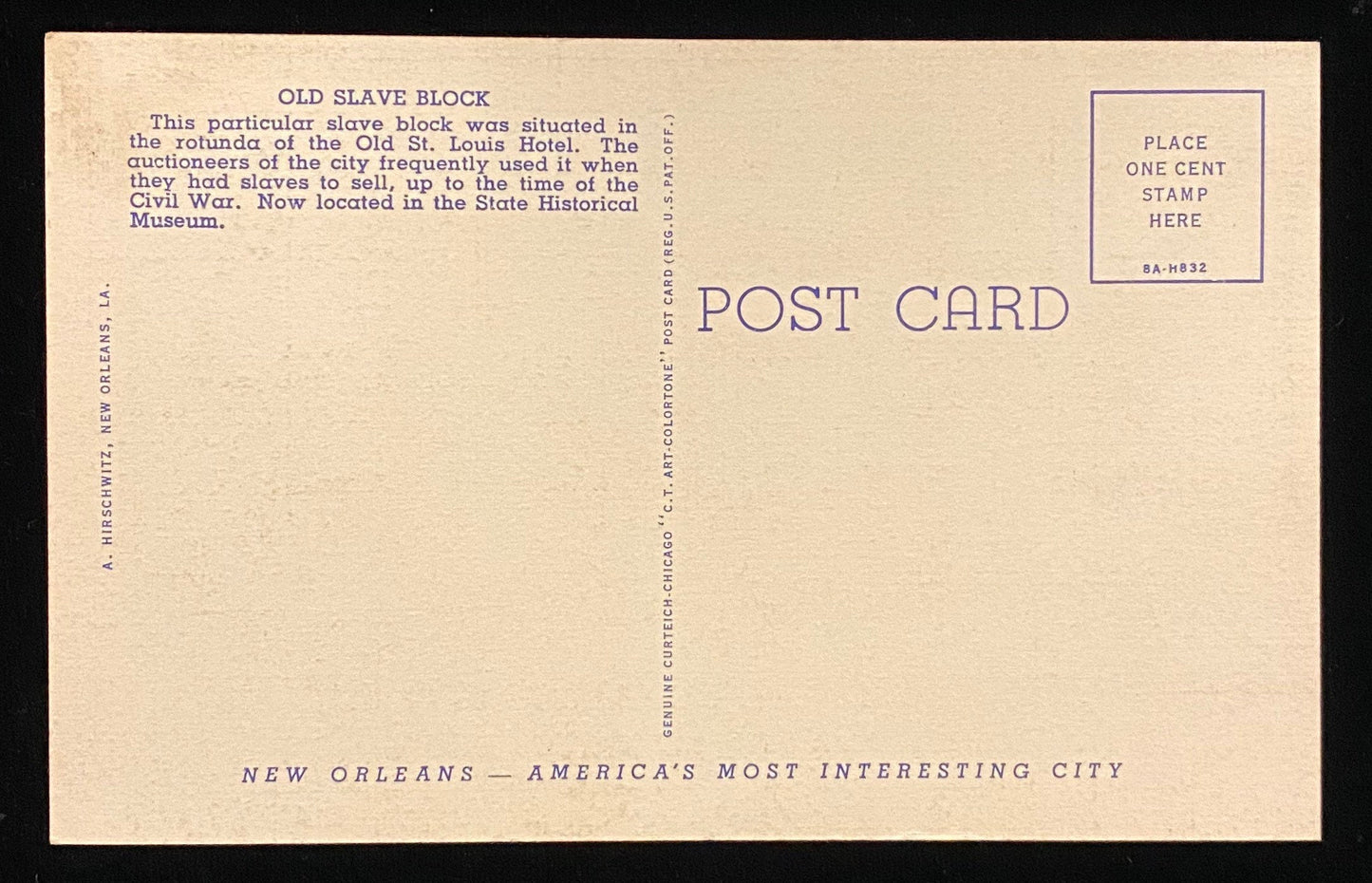 Old Slave Block - New Orleans, La. - 1938 Linen Postcard