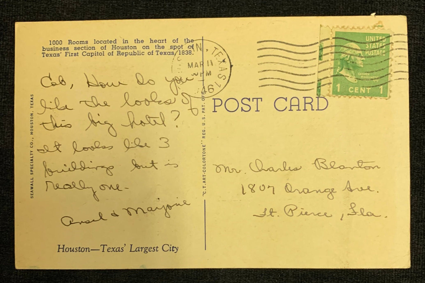 Houston's Welcome to the World - Rice Hotel - Houston, Texas- 1946 Postcard