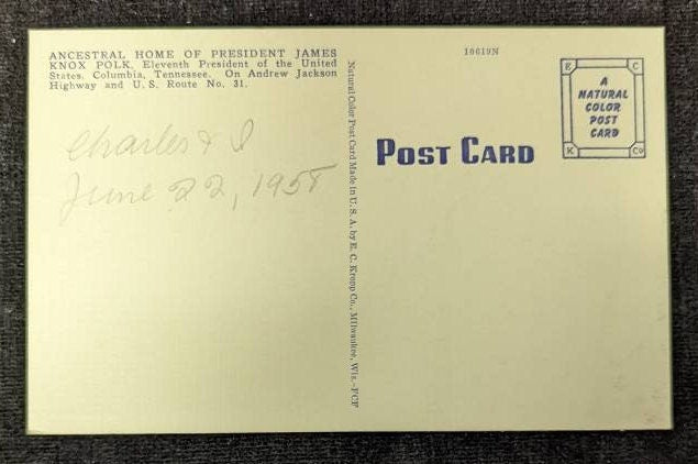 Ancestral Home - President James Knox Polk - 1950s Linen Postcard