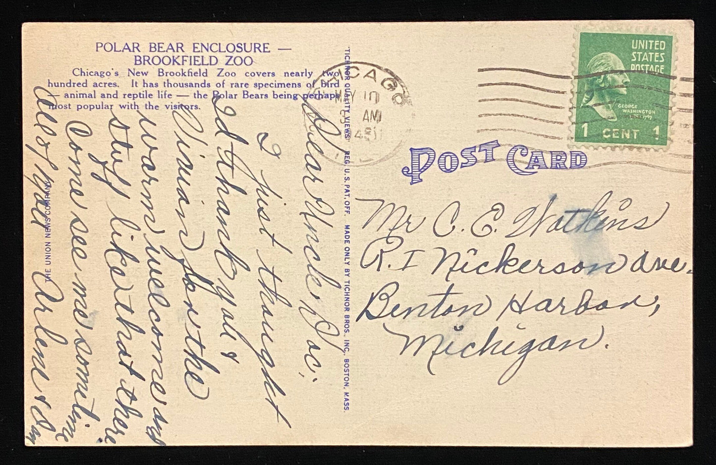 Polar Bear Enclosure, Brookfield Zoo, Chicago - 1940s Linen Postcard