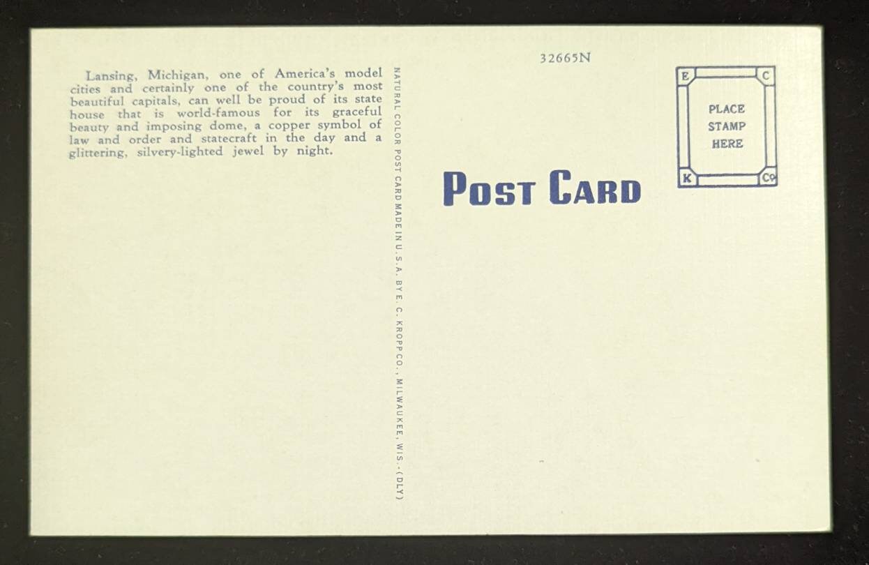 State Capitol - Lansing, Michigan - 1940s Linen Postcard