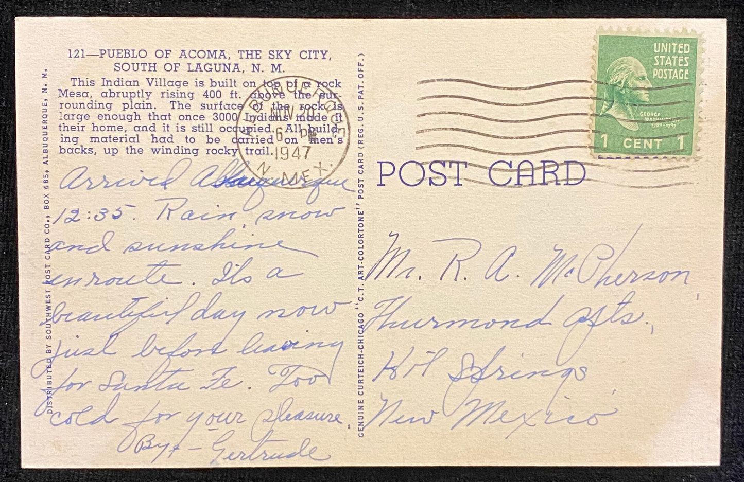 Pueblo of Acoma - The Sky City, South of Laguna, N.M. - 1940s Linen Postcard