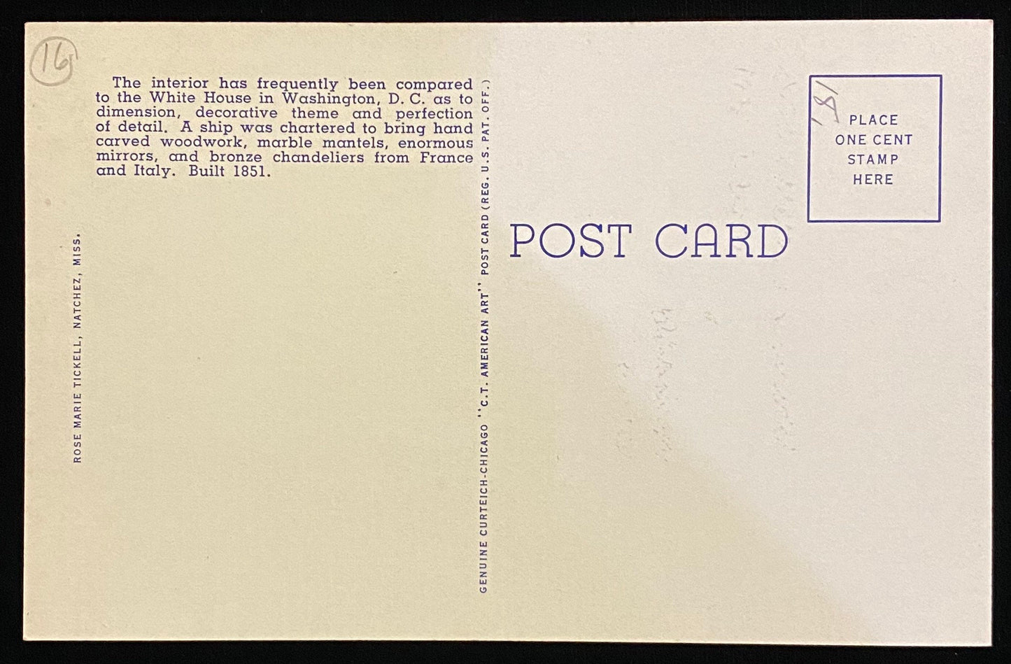 Stanton Hall - Ante-Bellum Residences - Natchez, Miss. - 1940s Linen Postcard