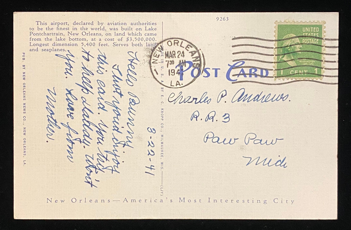 Lindbergh Hangar, New Orleans Airport, New Orleans, LA. - 1930s Linen Postcard