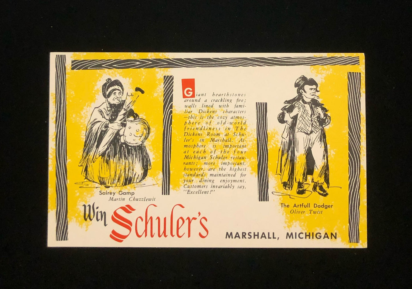 Marshall MI Win Schuler's Restaurant Advertising Vintage Postcard