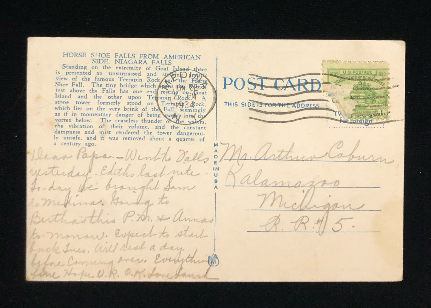Horse Shoe Falls from American Side - Niagara Falls - Vintage Postcard