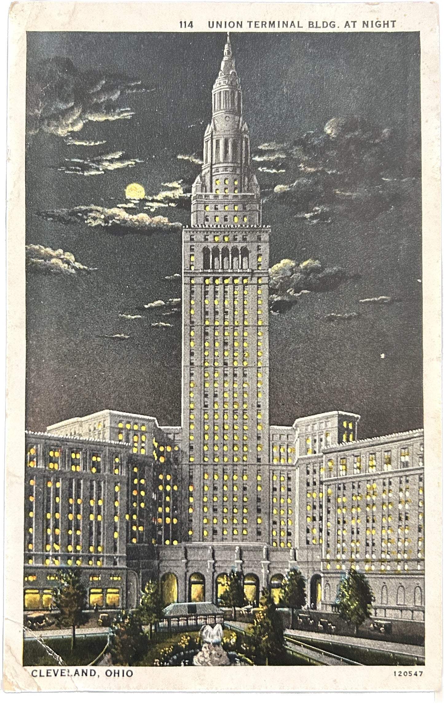 The Union Terminal Building at Night- Cleveland, Ohio- Vintage Postcard