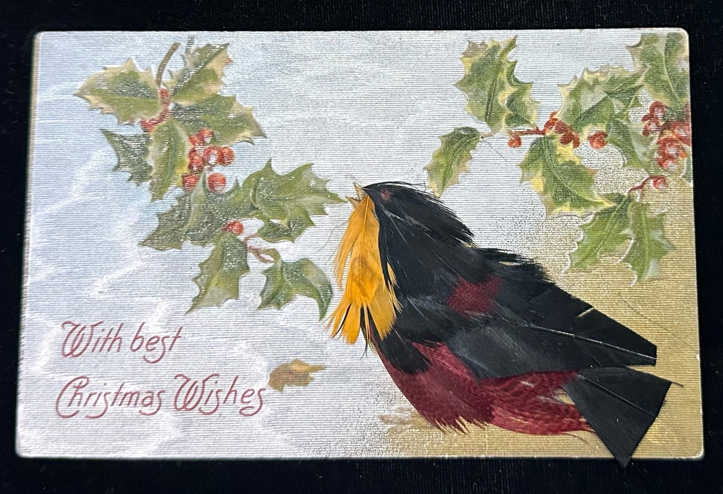 With best Christmas Wishes- Vintage Postcard With Bird Made of REal Feathers (RARE find)