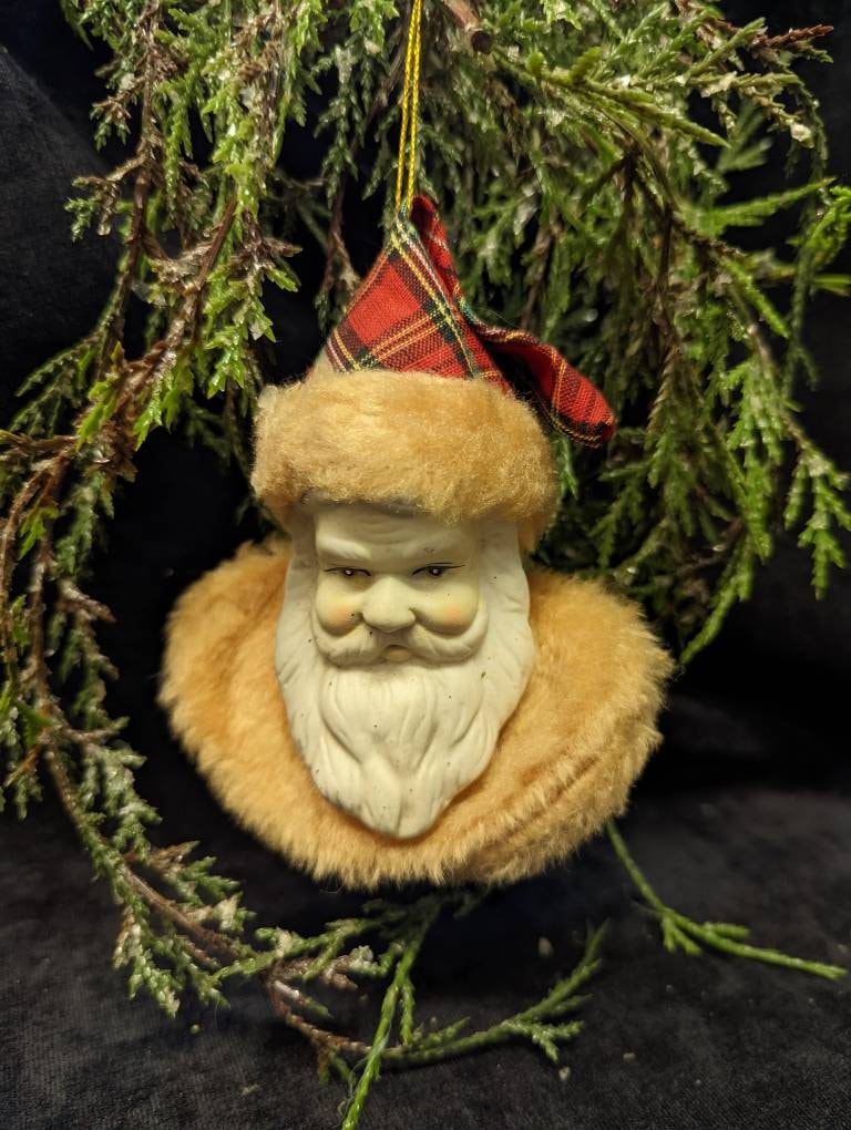 Porcelain Santa Bust- with Faux Fur Collar - Vintage Ornament