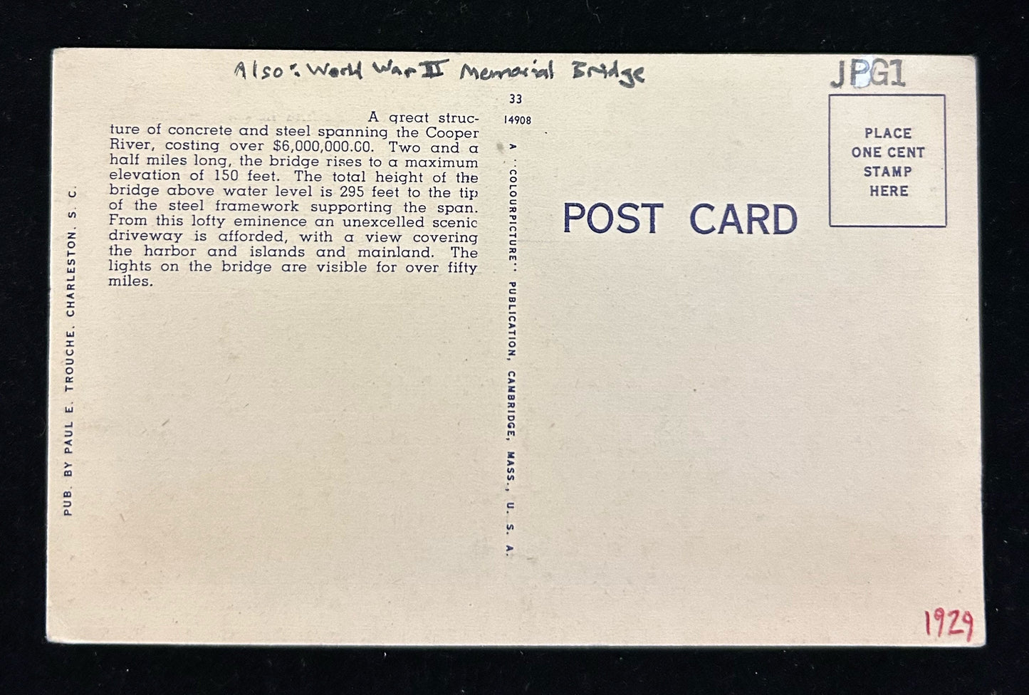 South Carolina Bridges- Broad Street Bridge over Congaree, The Cooper River Bridge, John P. Grace Bridege- Bundle of 3 Cards