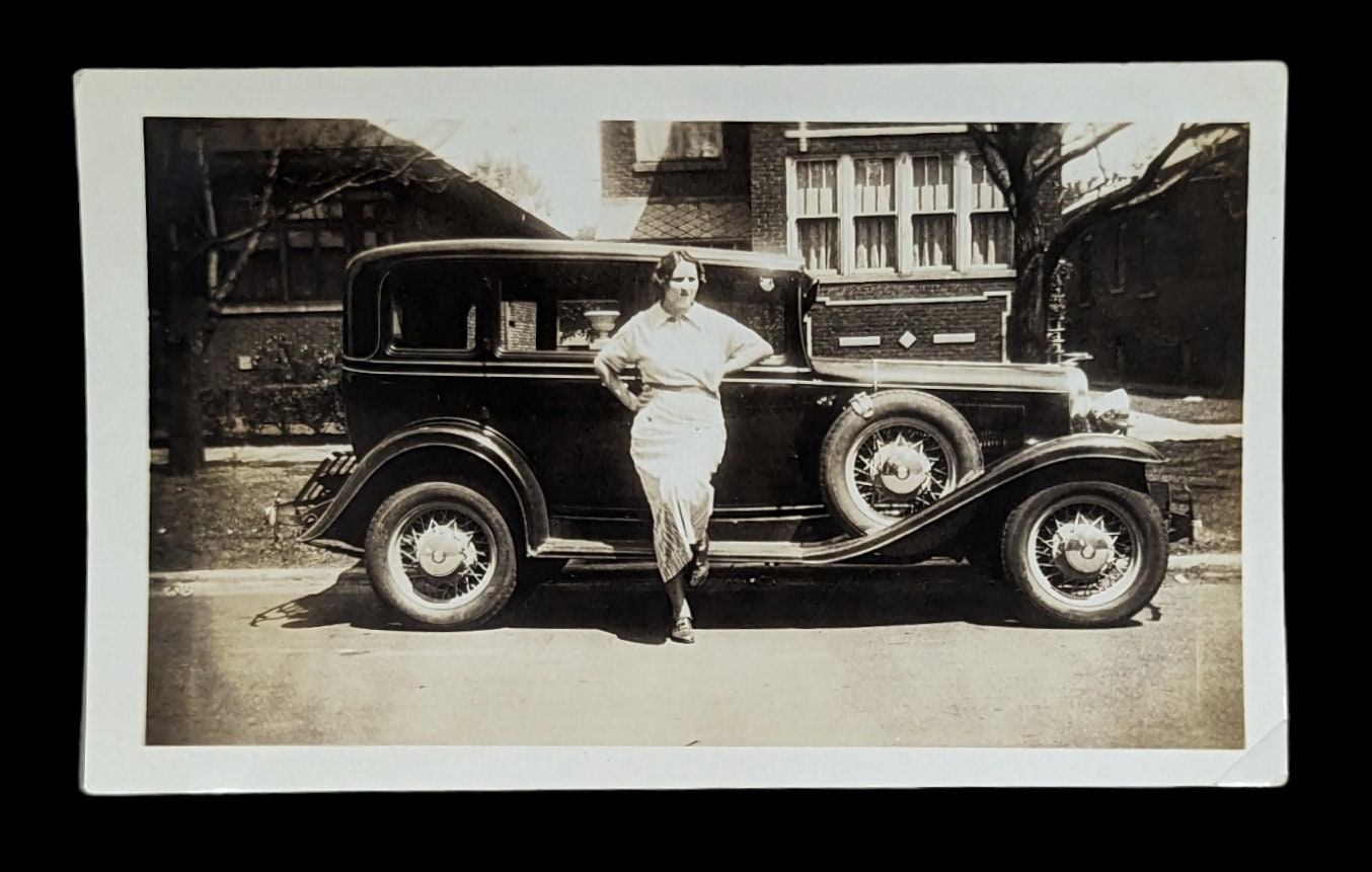 Black and White Photo of a Lady and a 1930s Ford Car A Real Beauty- Classic Car Classic Lady
