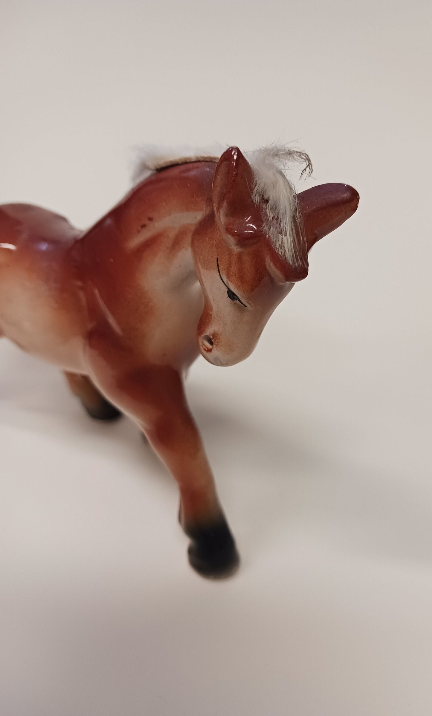 Sorrel Ceramic Horse Figurine with Furry Cotton Mane - Made in Japan Horse Statue