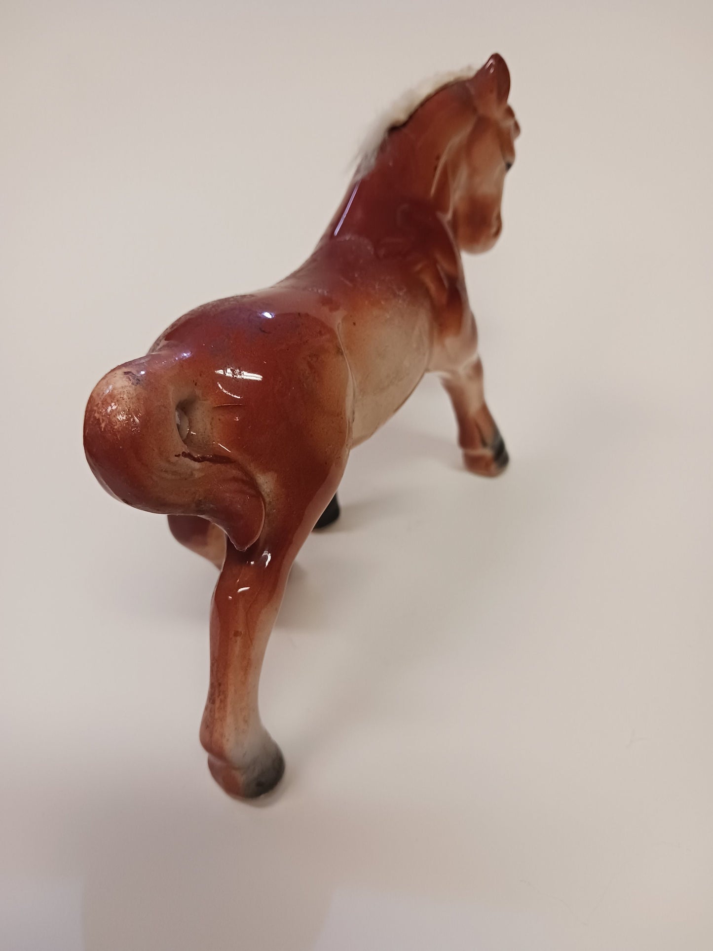 Sorrel Ceramic Horse Figurine with Furry Cotton Mane - Made in Japan Horse Statue