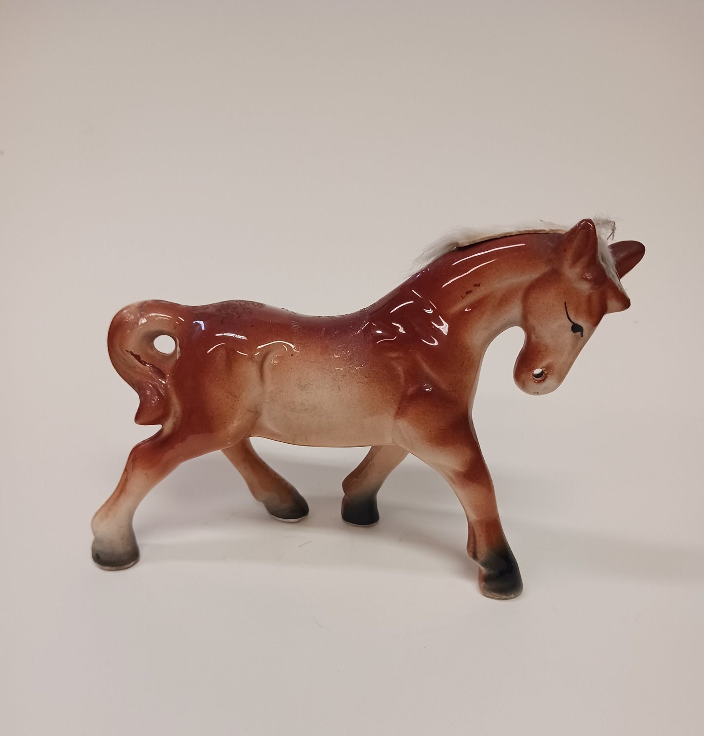 Sorrel Ceramic Horse Figurine with Furry Cotton Mane - Made in Japan Horse Statue