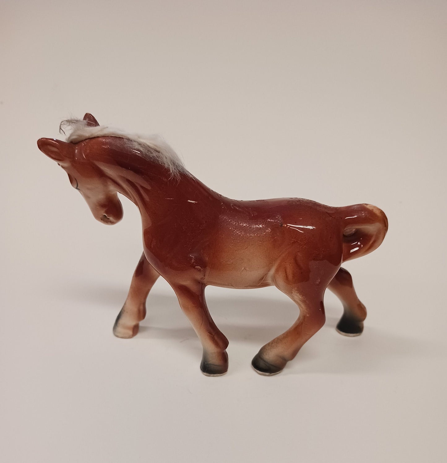 Sorrel Ceramic Horse Figurine with Furry Cotton Mane - Made in Japan Horse Statue