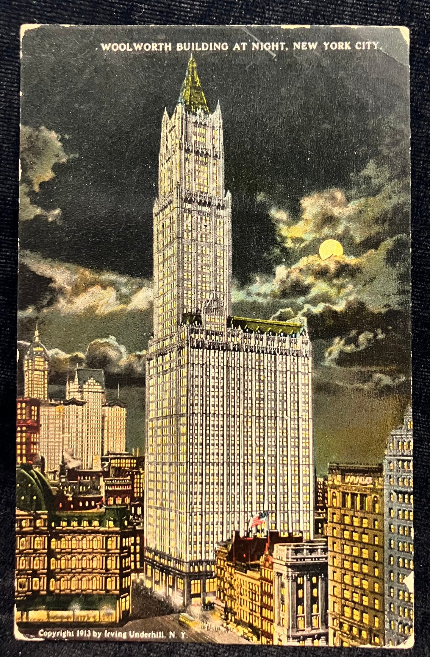Woolworth Building at Night, 19202s New York City - Copyright 1913 by Irving Underhill N. Y. - Vintage Postcard
