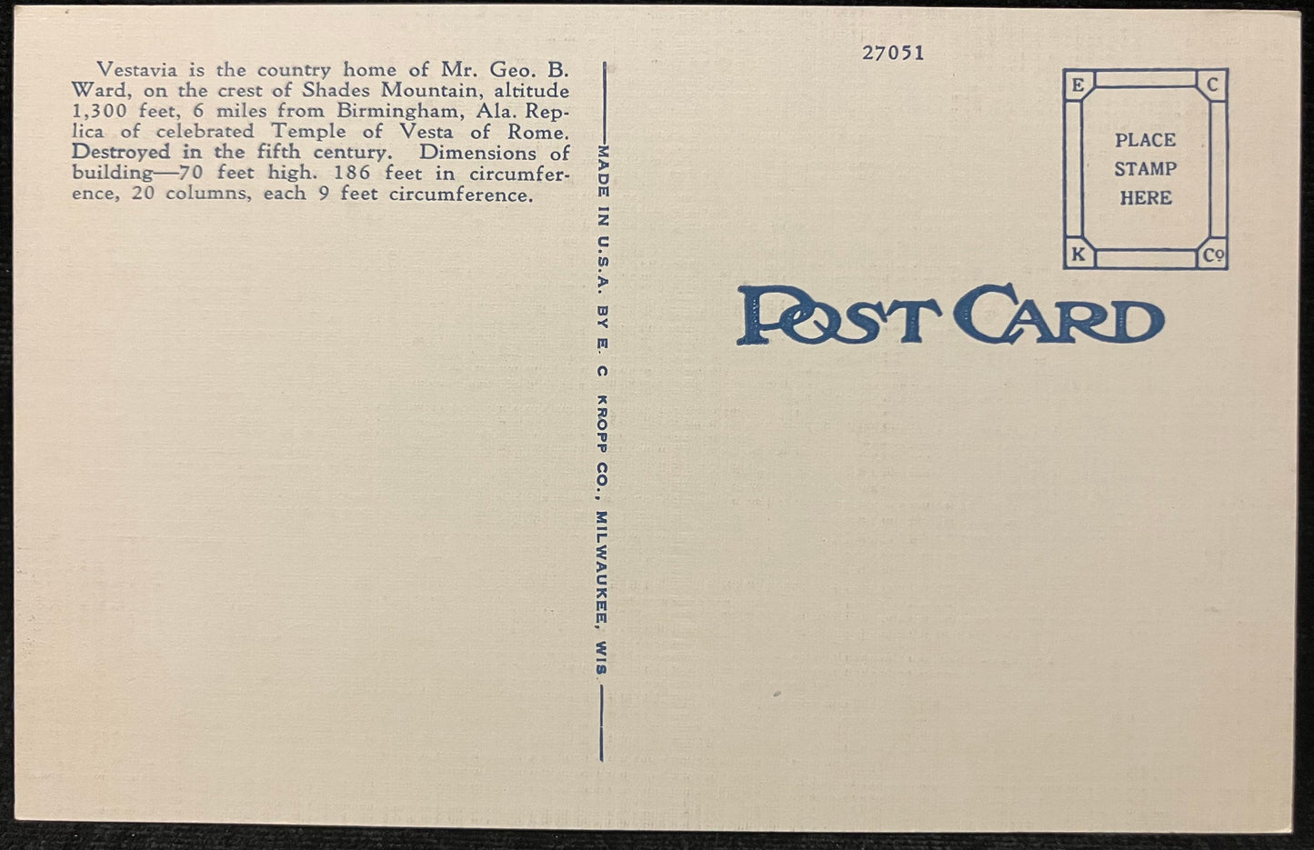 Vestavia Country Home - Mr. Geo. B. Ward - Crest of Shades Mountain - Birmingham, Ala. - 1940s Linen Postcard