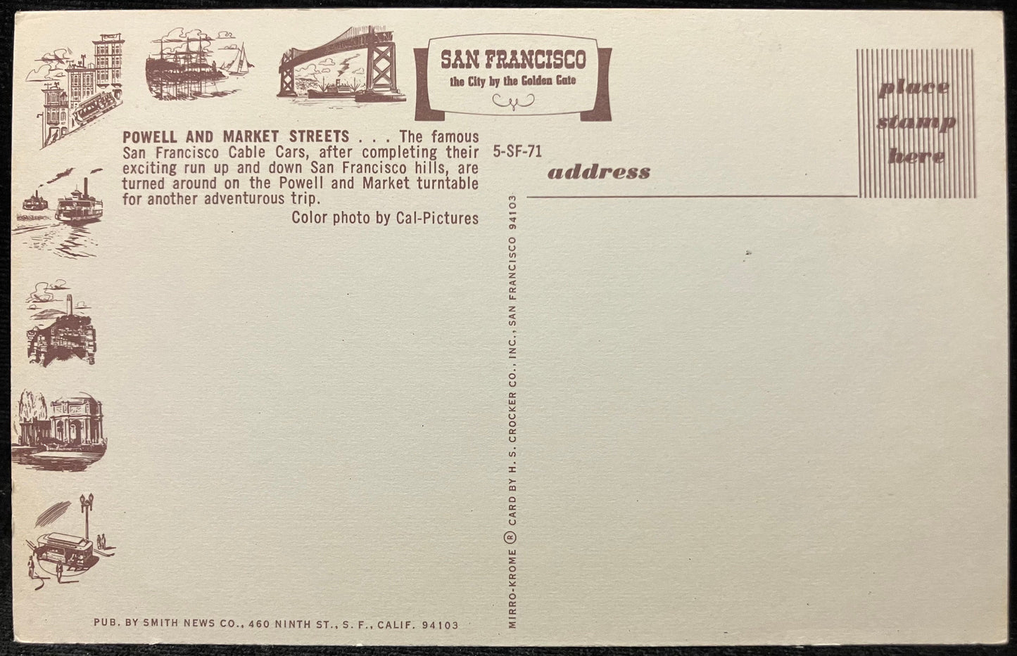 Powell and Market Streets - San Francisco, California - Color by Cal-Pcitures - Vintage Postcard