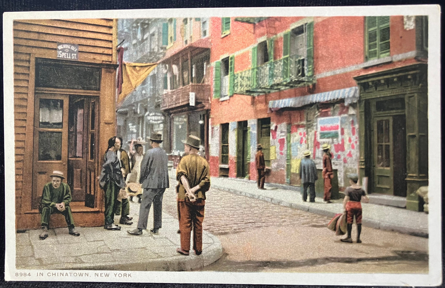 In Chinatown, New York - Great Picture on Vintage Postcard - Hand tinted Photo of Chinatown in 1920