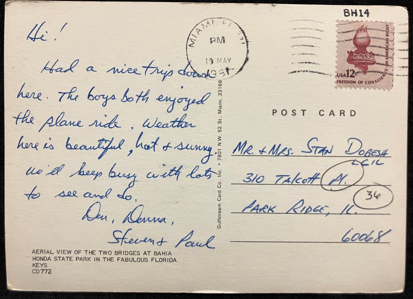 Bahia Honda State Park, Florida Keys - Vintage Postcard - with Twelve Cent Freedom of Conscience An American Right Flame of Liberty stamp