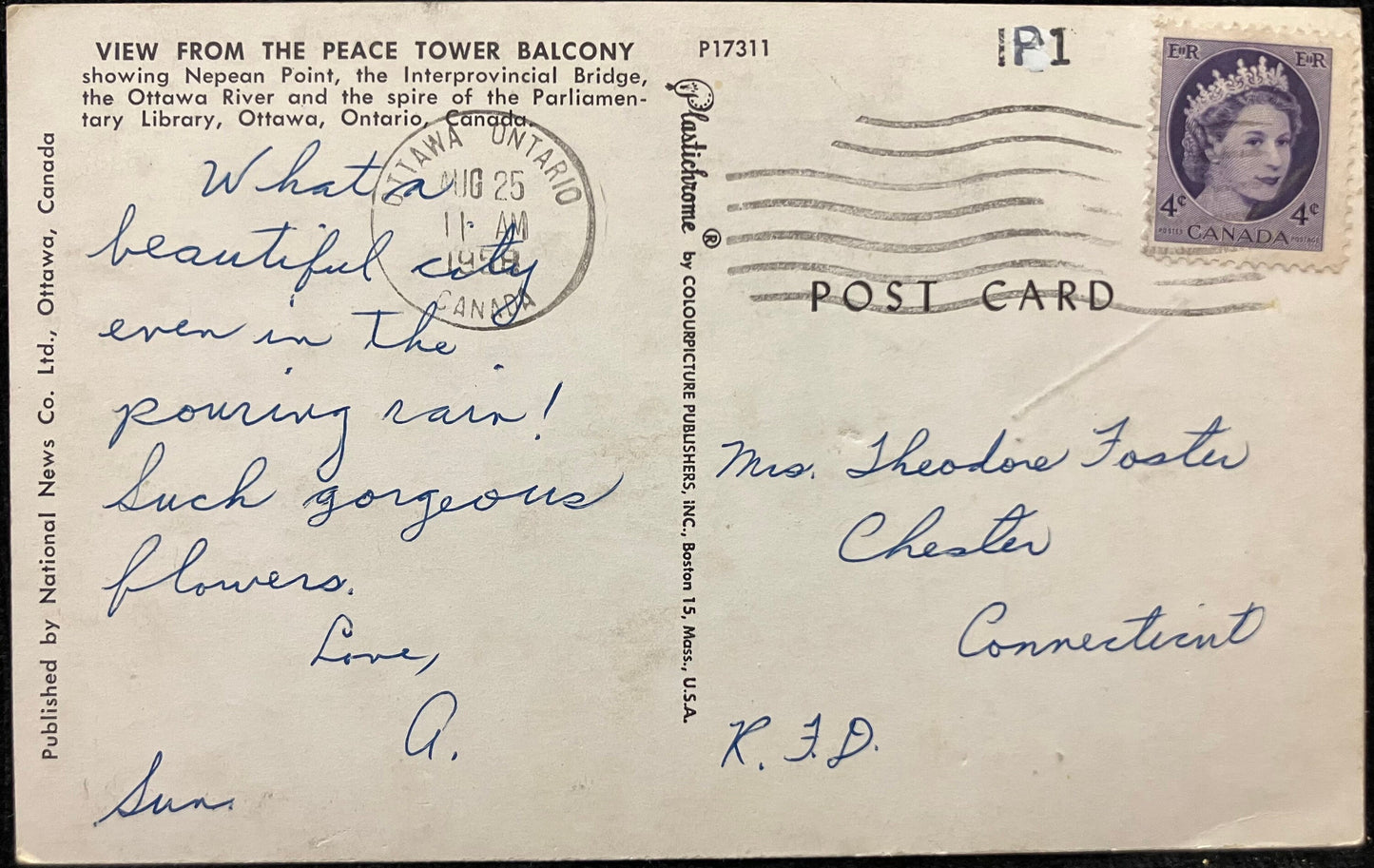 View from the Peace Tower Balcony in Ottawa, Canada - Vintage 1950s Ottawa Canada Postcard