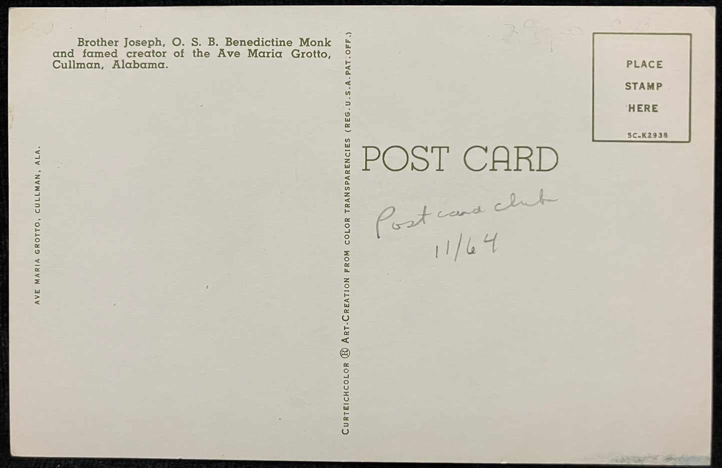 Brother Jose - O. S. B. Benedictine Monk - Cullman, Alabama - Vintage Postcard