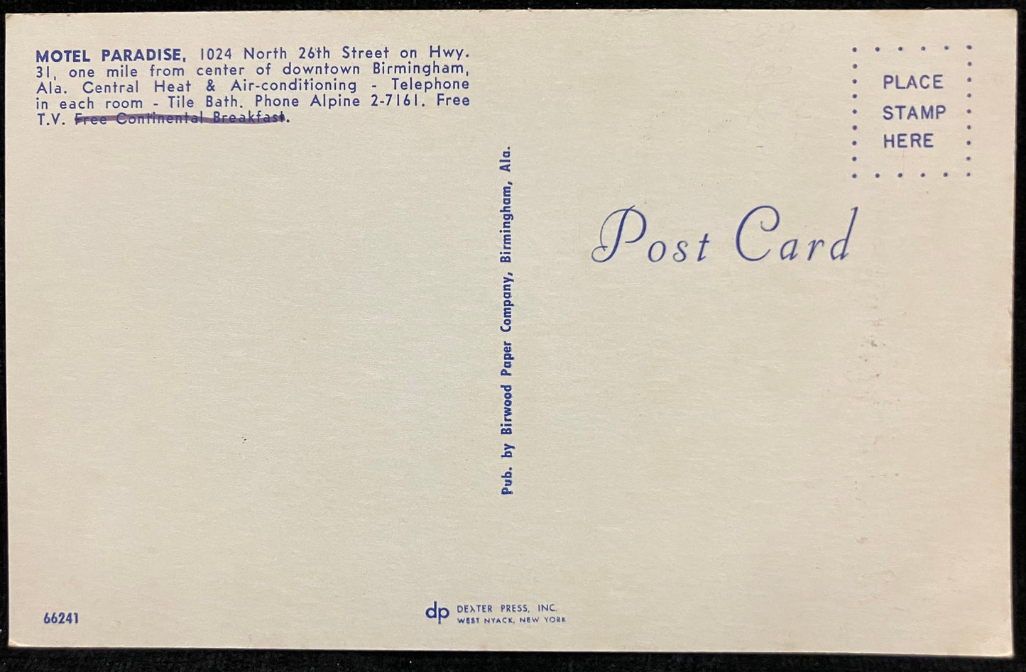 Motel Paradise - Birmingham, Alabama - Motel Postcard