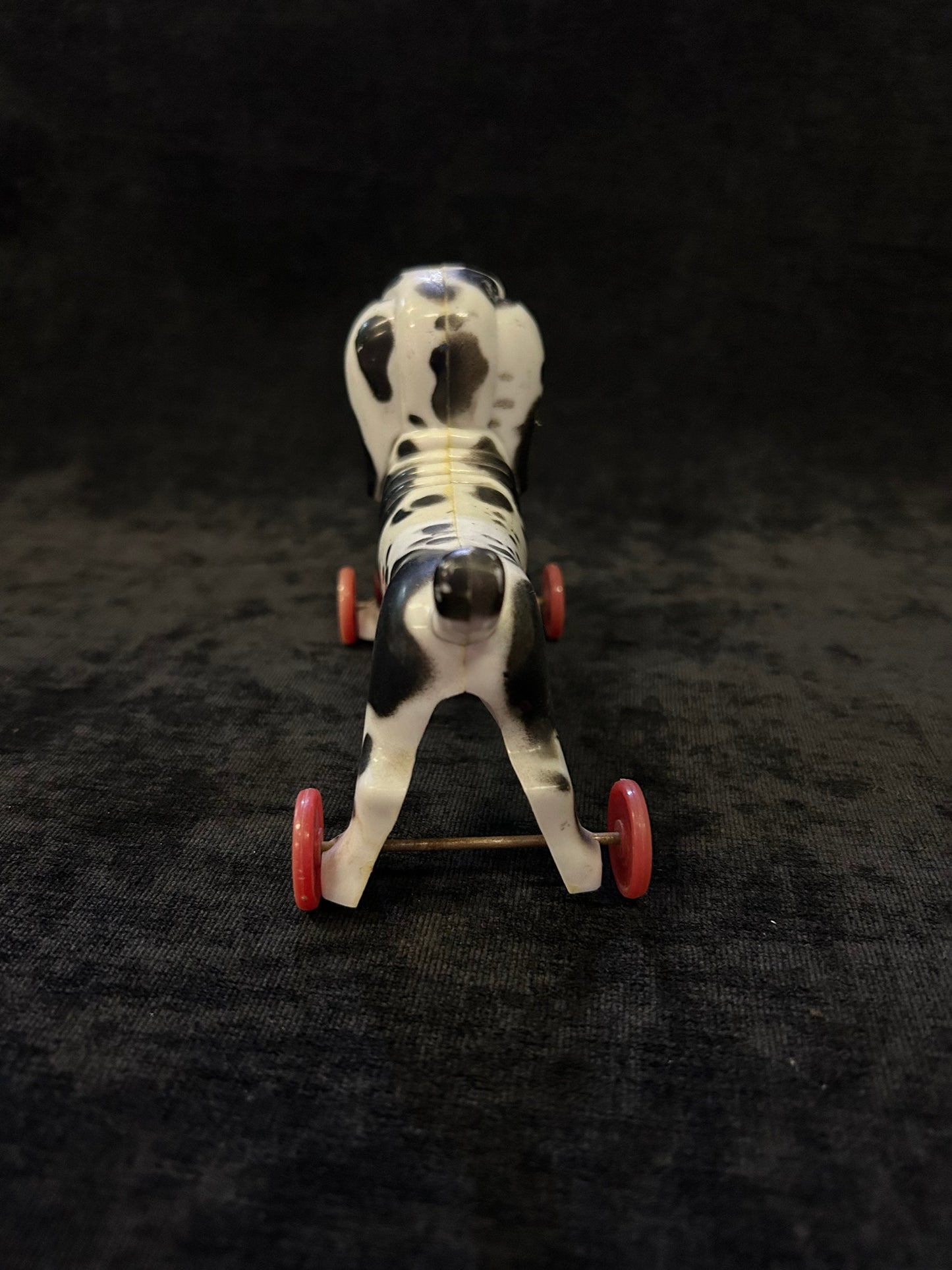 Rosen Tico Valentine's Day Spotty the Dog -1940's-Candy Holder- Plastic Black and White Spotted Dog on wheels RARE find Candy Container