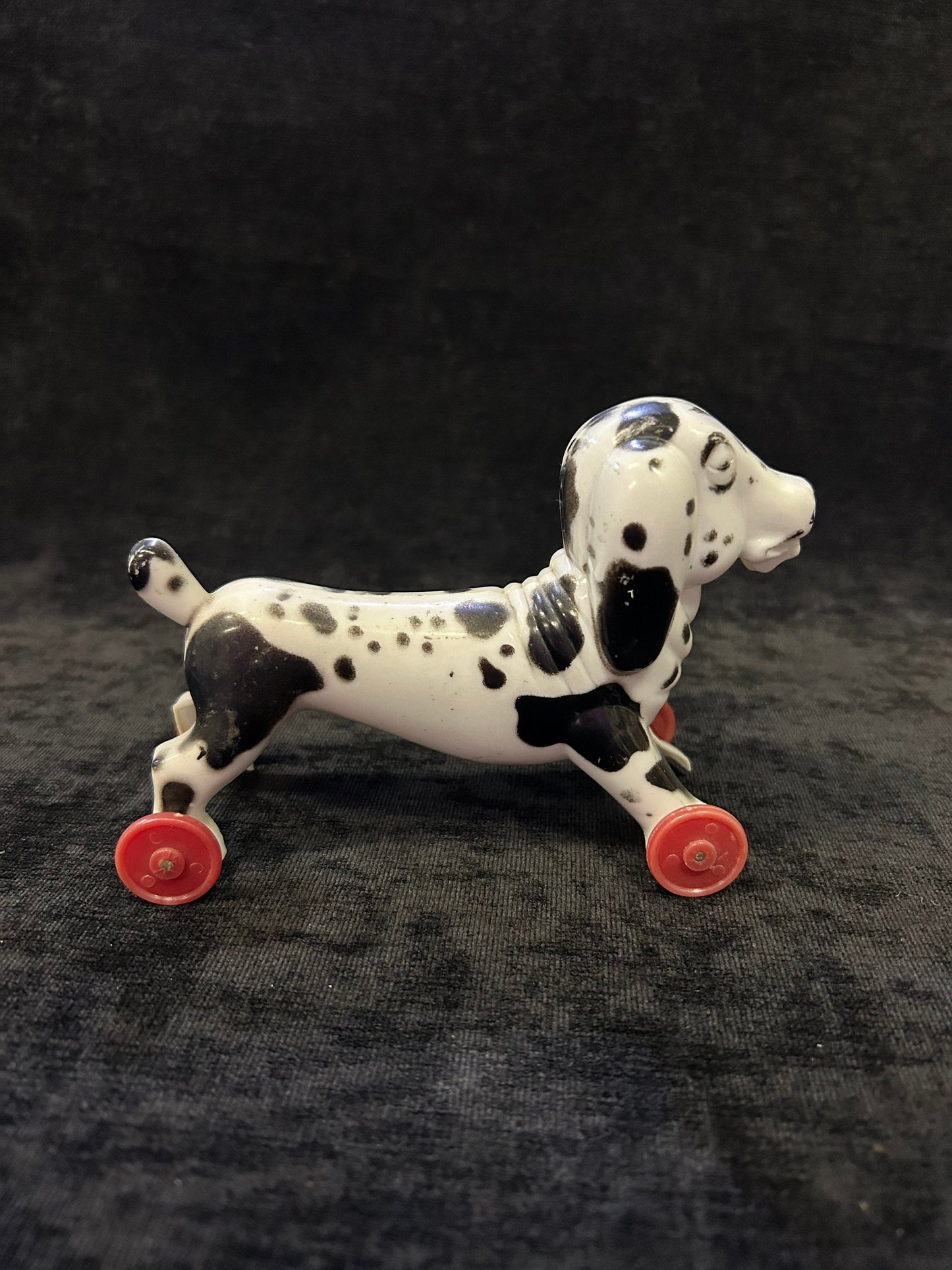 Rosen Tico Valentine's Day Spotty the Dog -1940's-Candy Holder- Plastic Black and White Spotted Dog on wheels RARE find Candy Container