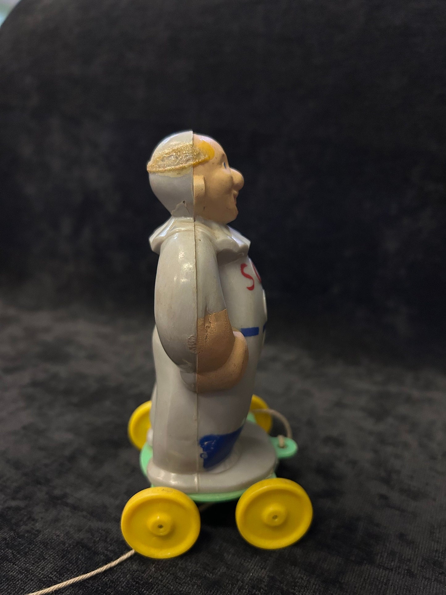 Vintage 1950's Rosbro Plastic - Red Sox Player - Very RARE Zook the Clown "Baby Head" on Baseball Player -Pull Toy with Original Pull String