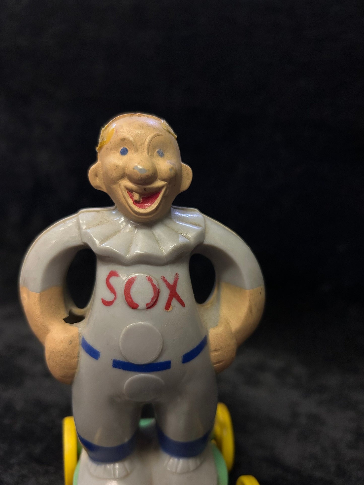 Vintage 1950's Rosbro Plastic - Red Sox Player - Very RARE Zook the Clown "Baby Head" on Baseball Player -Pull Toy with Original Pull String