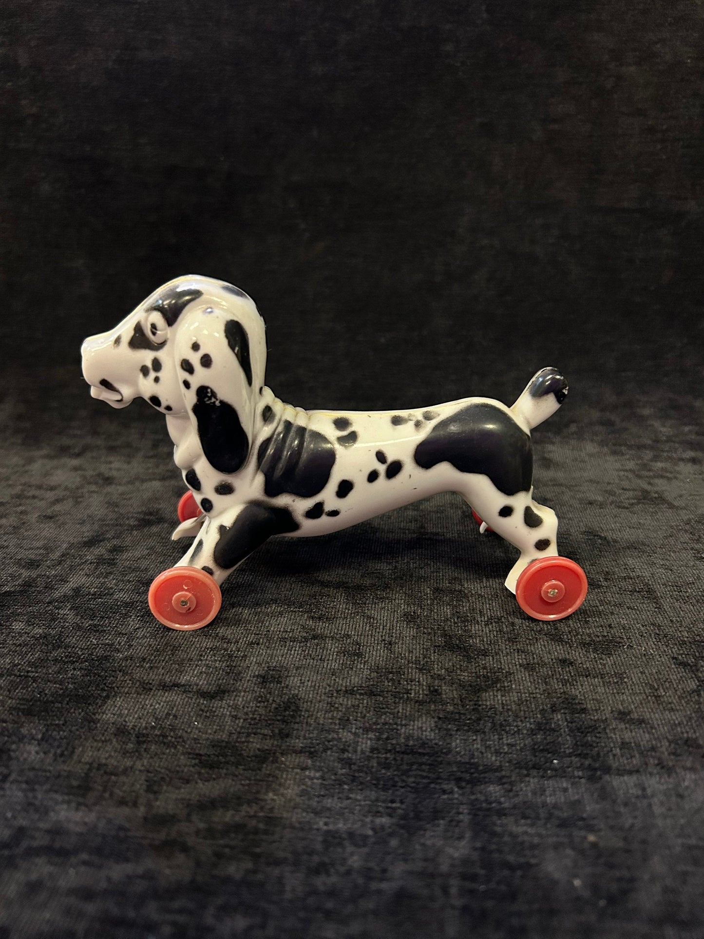 Rosen Tico Valentine's Day Spotty the Dog -1940's-Candy Holder- Plastic Black and White Spotted Dog on wheels RARE find Candy Container