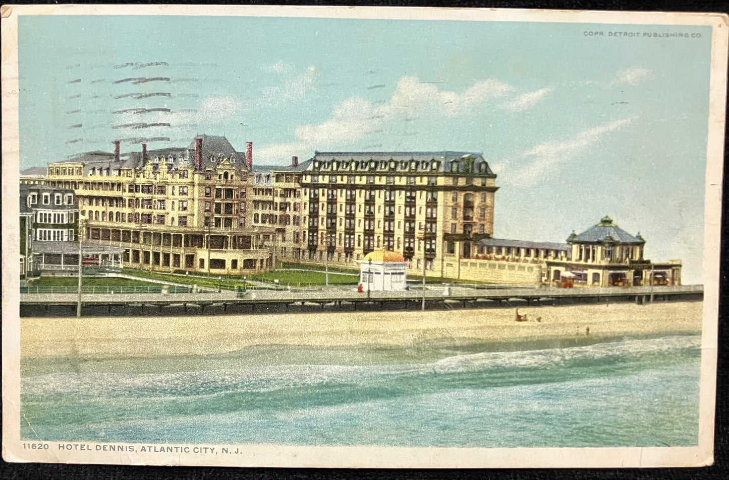 Hotel Dennis, Atlantic City, N. J.- 1912 Boardwalk on the Ocean - Copr. Detroit Publishing Co. - Vintage Hotel Postcard - interesting note