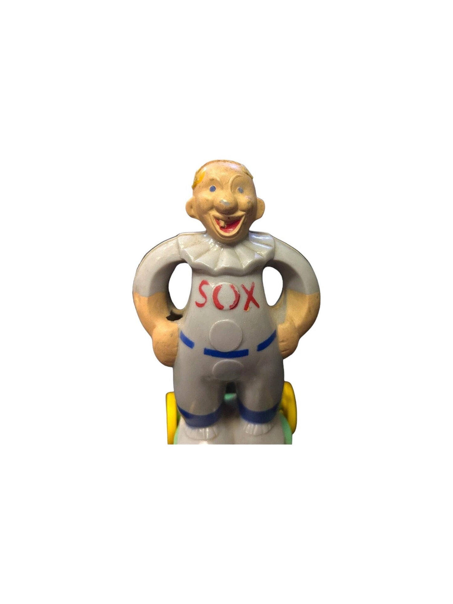 Vintage 1950's Rosbro Plastic - Red Sox Player - Very RARE Zook the Clown "Baby Head" on Baseball Player -Pull Toy with Original Pull String
