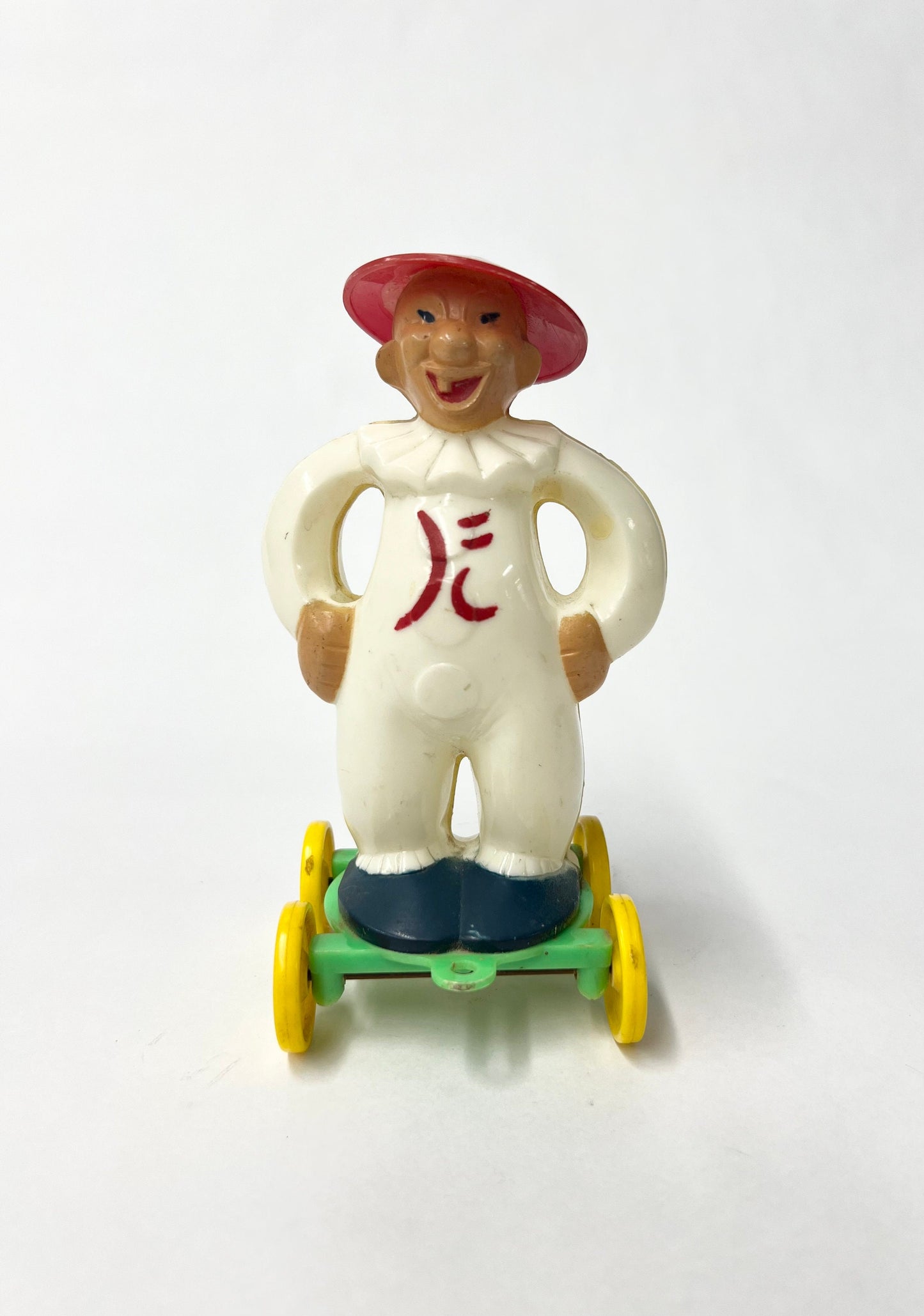 Zook the Clown on Wheels with Coolie Hat - RARE Zook with Japanese Character on Shirt - Rosbro Plastic Toy - Japanese Toy Zook the Clown