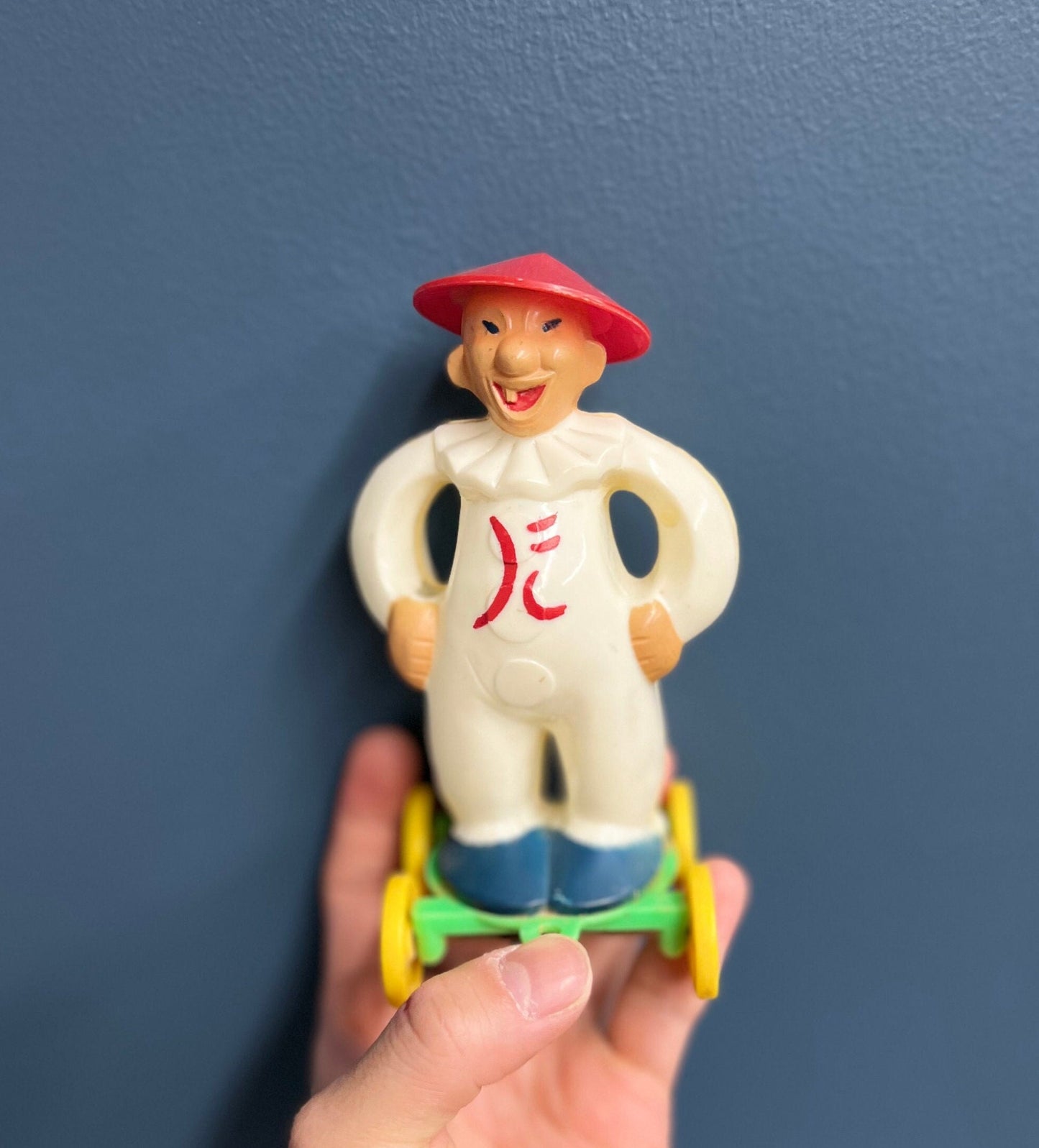 Zook the Clown on Wheels with Coolie Hat - RARE Zook with Japanese Character on Shirt - Rosbro Plastic Toy - Japanese Toy Zook the Clown