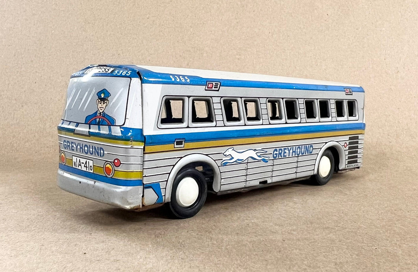 Tin Litho Greyhound Bus 5365 - Momoya/Hayashi Japan - 1950s Tin Toy- complete with Hub Caps