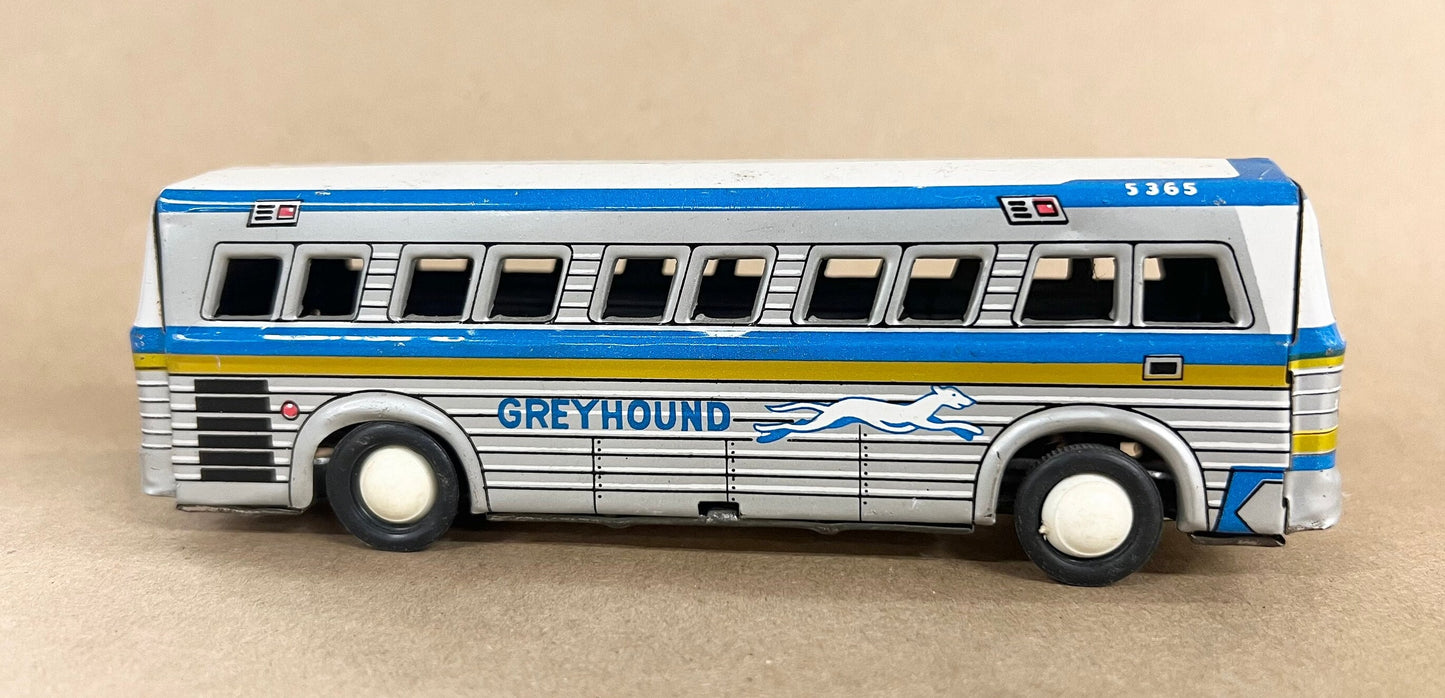 Tin Litho Greyhound Bus 5365 - Momoya/Hayashi Japan - 1950s Tin Toy- complete with Hub Caps