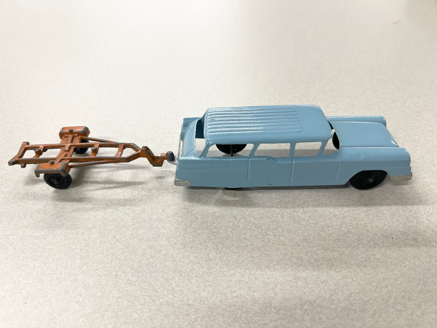 Ford Country Sedan #24- Light Blue Paint - Vintage Station Wagon - Original Paint on the Boat Trailer-Tootsie Toy Tires, Nice Display Piece